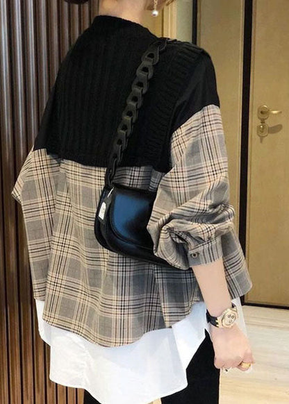 Black Knit Patchwork Plaid Fall Long Sleeve Shirt