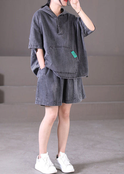 Dark Grey Hooded Elastic Waist Pockets Cotton Denim Two Piece Set Outfits Summer