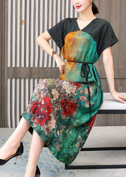 Colorblock V Neck Patchwork Silk Dress Summer
