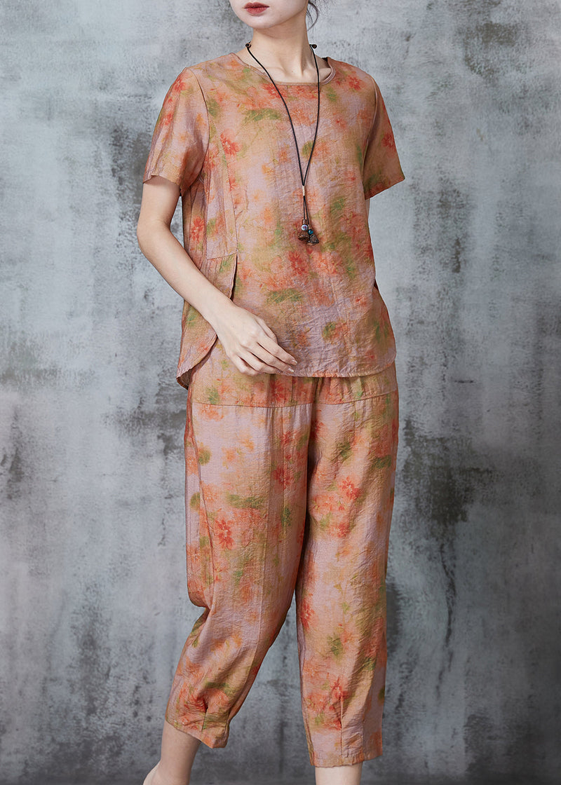 Orange Print Linen Sets 2 Pieces Oversized Summer