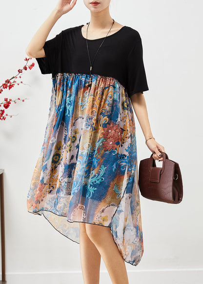 Loose Black O-neck Patchwork Print Chiffon Beach Dress Summer