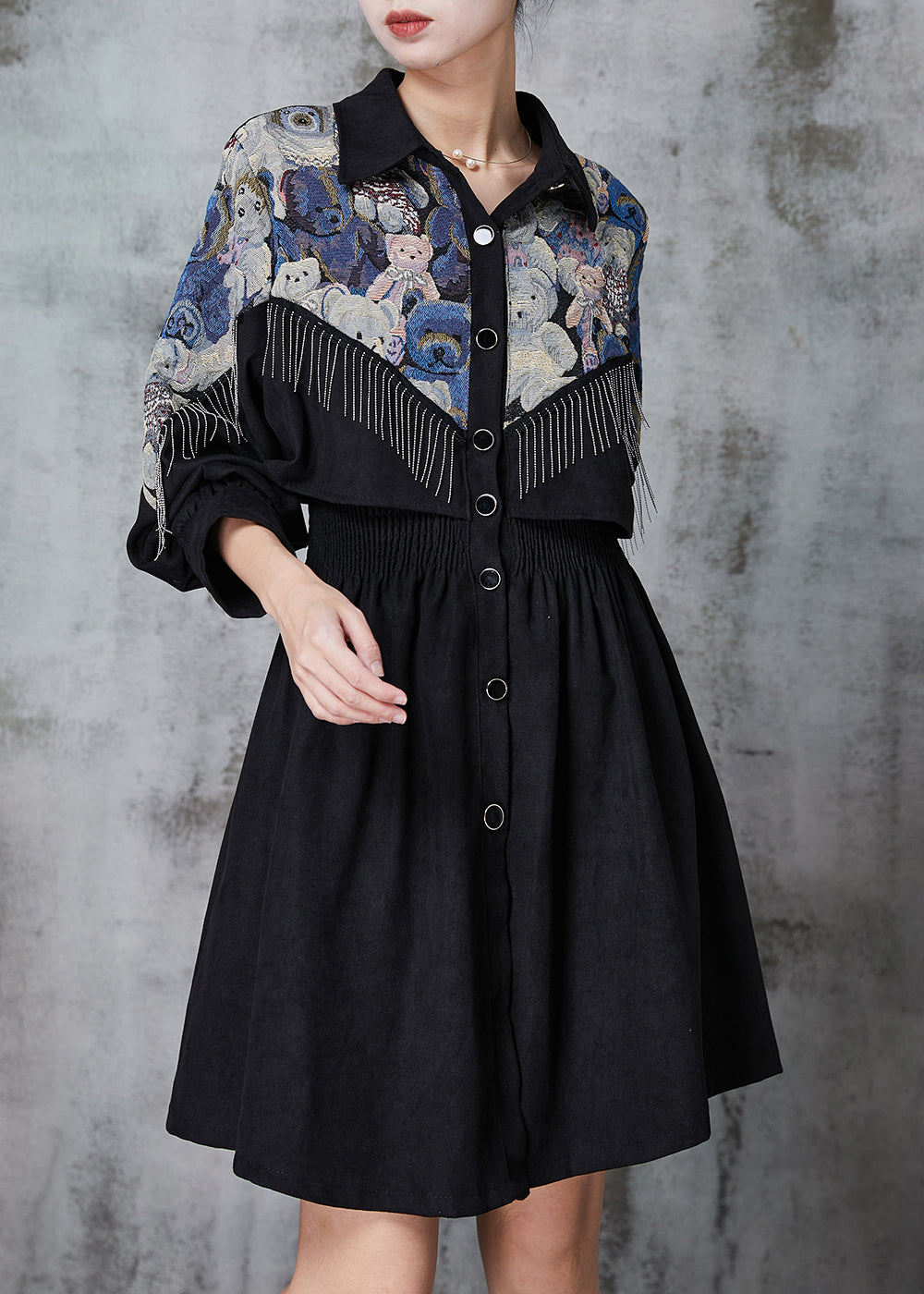 Black Tasseled Patchwork Cotton Dress Spring