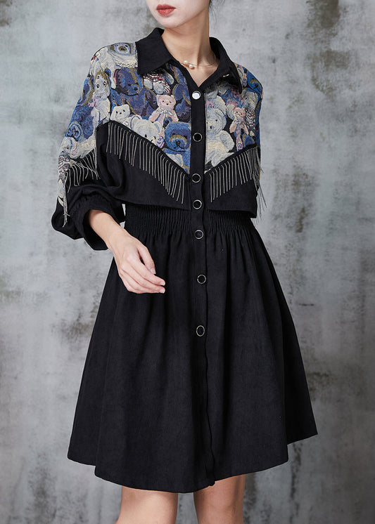 Black Tasseled Patchwork Cotton Dress Spring