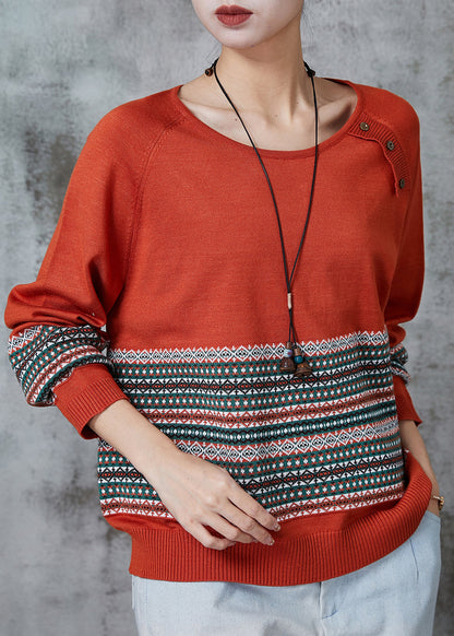 Orange Striped Knitted Tops O-neck Oversized Spring