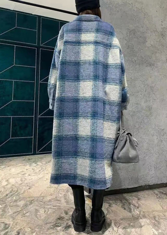 Plaid Peter Pan Collar Button Woolen Long Shirt Coats Spring
