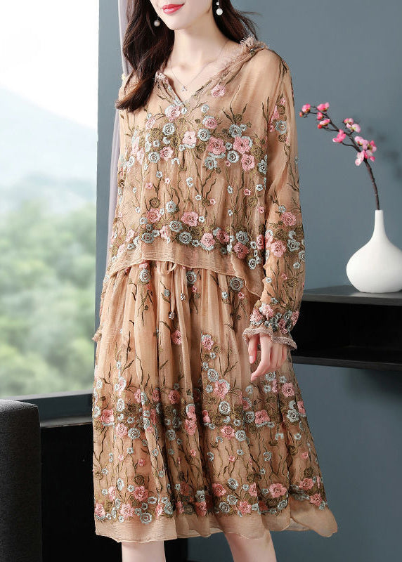 Boutique Beige Hooded Printing Patchwork Silk Fake Two Piece Dresses Spring