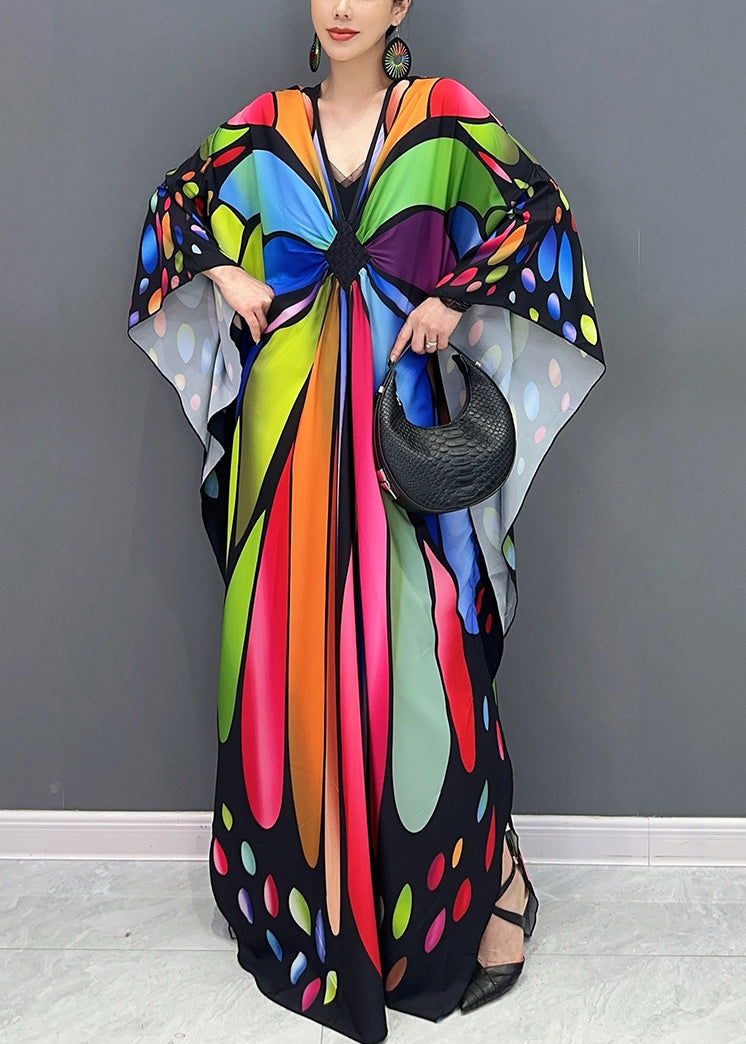 Colorblock V Neck Print Cotton Maxi Dresses Batwing Sleeve