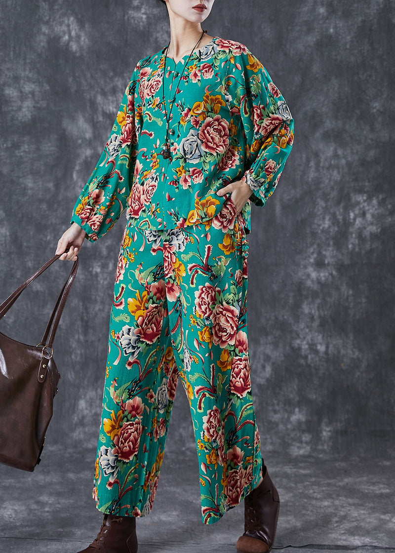 Green Print Chinese Button Linen Two Piece Set Fall