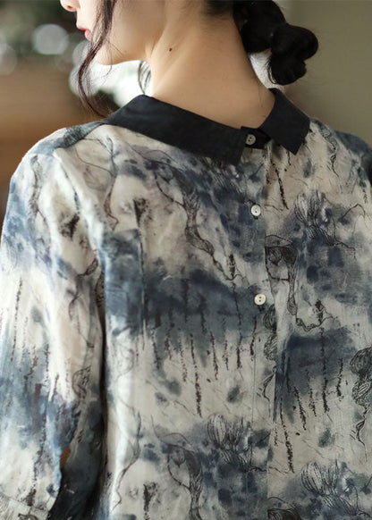 Blue Peter Pan Collar Button Linen Shirt Tops Half Sleeve