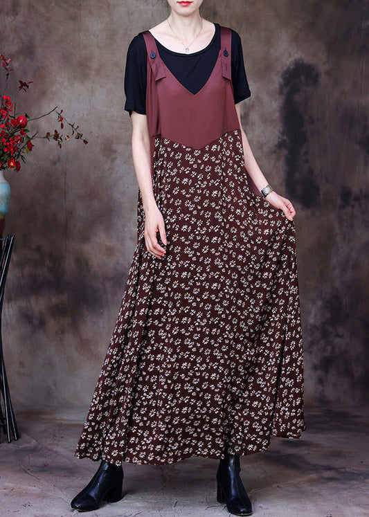 Fitted Chocolate Patchwork Print Chiffon Strap Dress and Cotton Tank Two Piece Set Outfits Summer