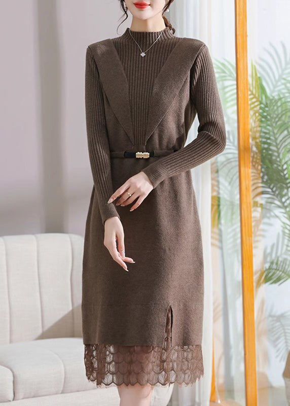 Slim Fit Black Stand Collar Lack Patchwork Llong Cotton Knit Sweater Dress Fall