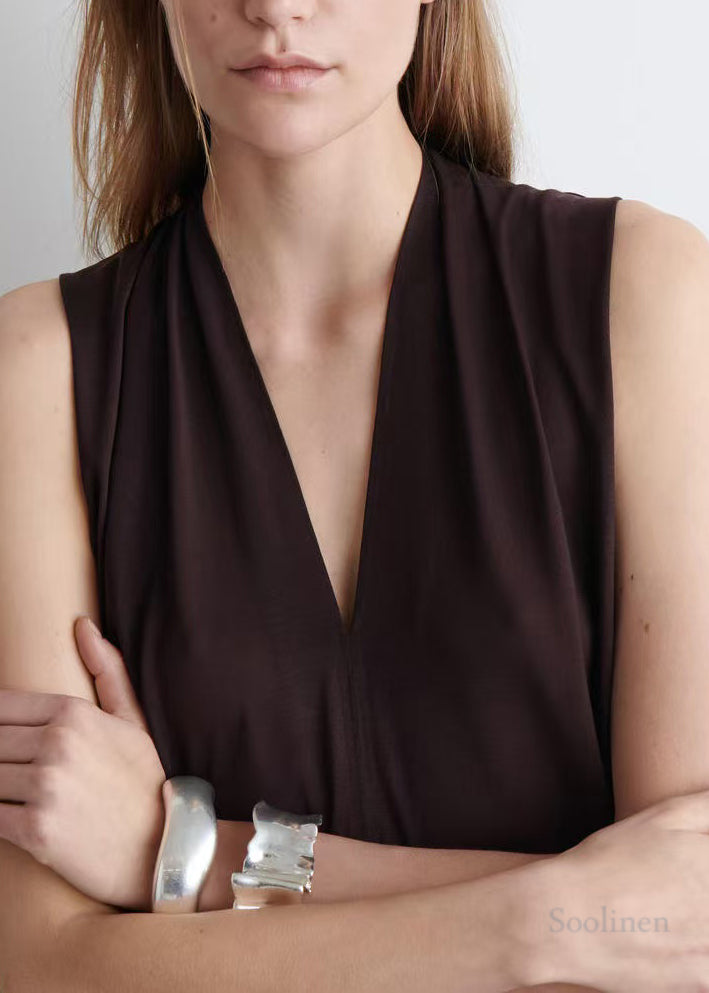 Chocolate V Neck Cotton Straight Dress Sleeveless
