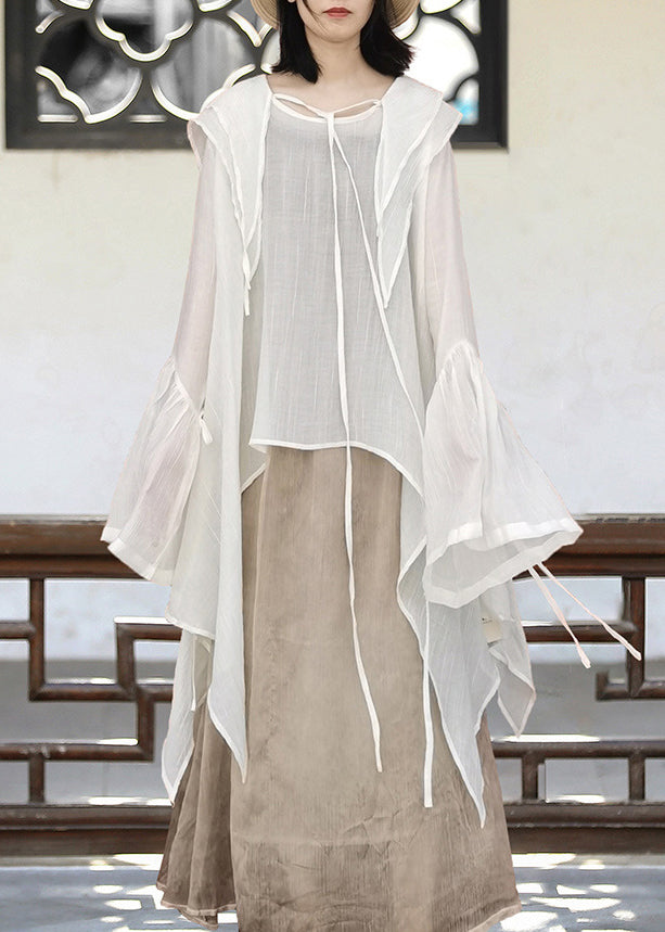 Khaki Asymmetrical Lace Up Cotton Upf 50+ Shirt Flare Sleeve