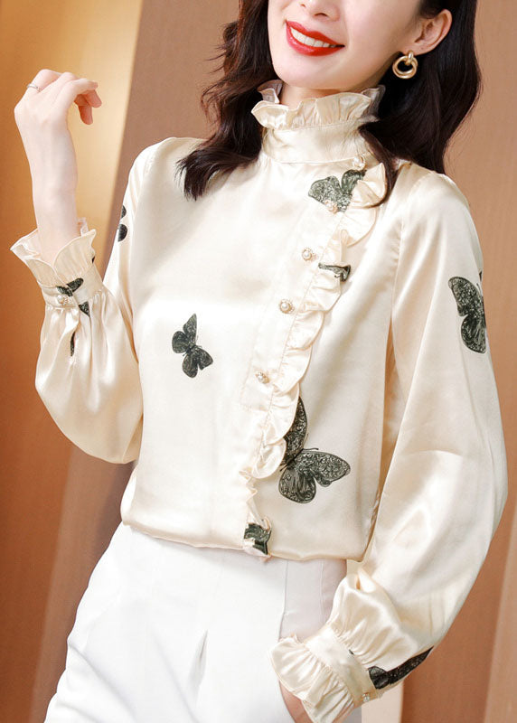 Classy Apricot Stand Collar Button Ruffled Print Silk Top Spring
