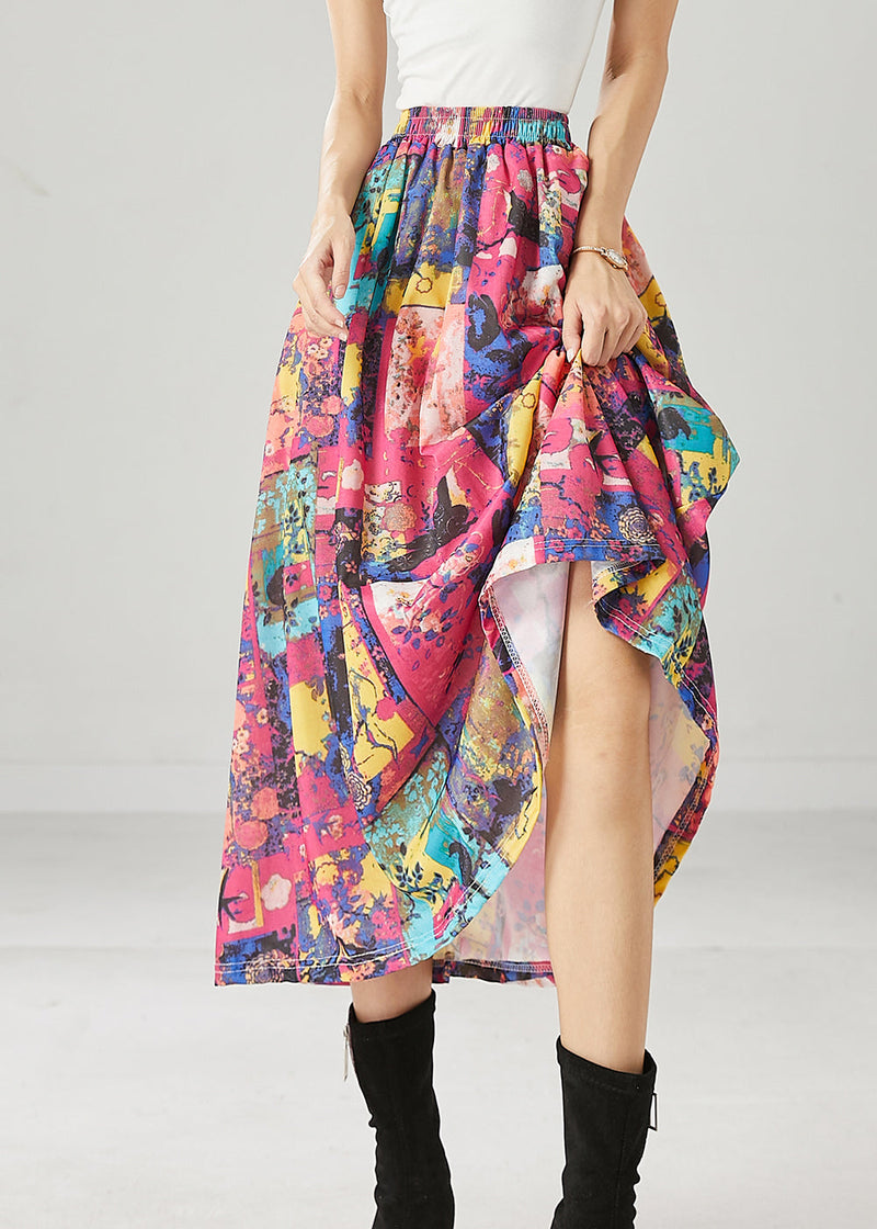 French Red Elastic Waist Print Cotton a Line Skirts Spring