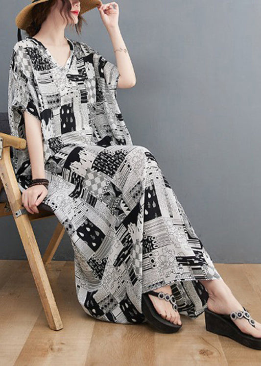 Black White Print V Neck Beach Long Dress Short Sleeve