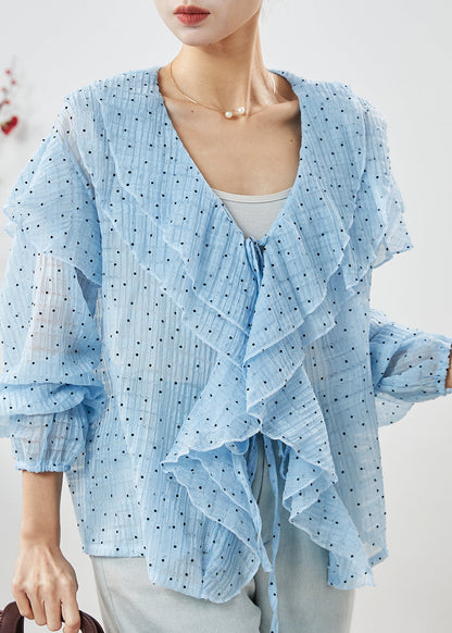 Diy Blue Ruffled Lace Up Chiffon Shirt Spring