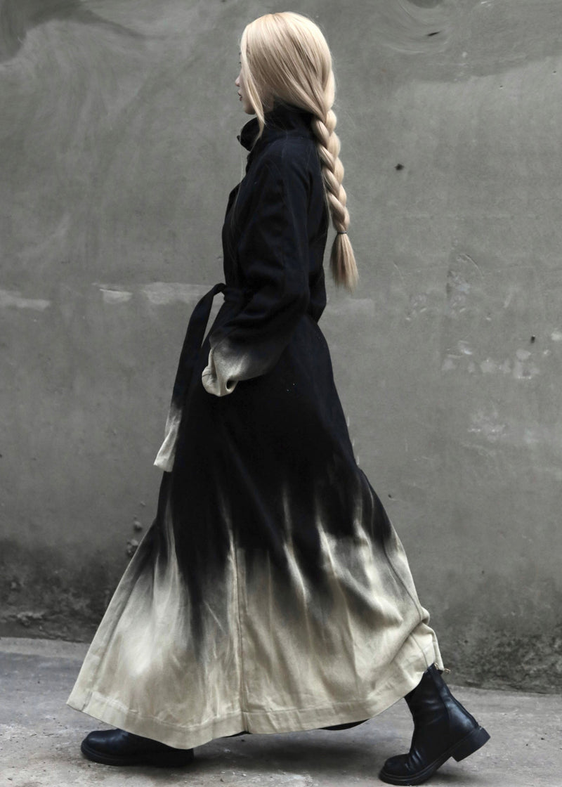 Gradient Color Tie Waist Pockets Denim Long Coats Long Sleeve Spring