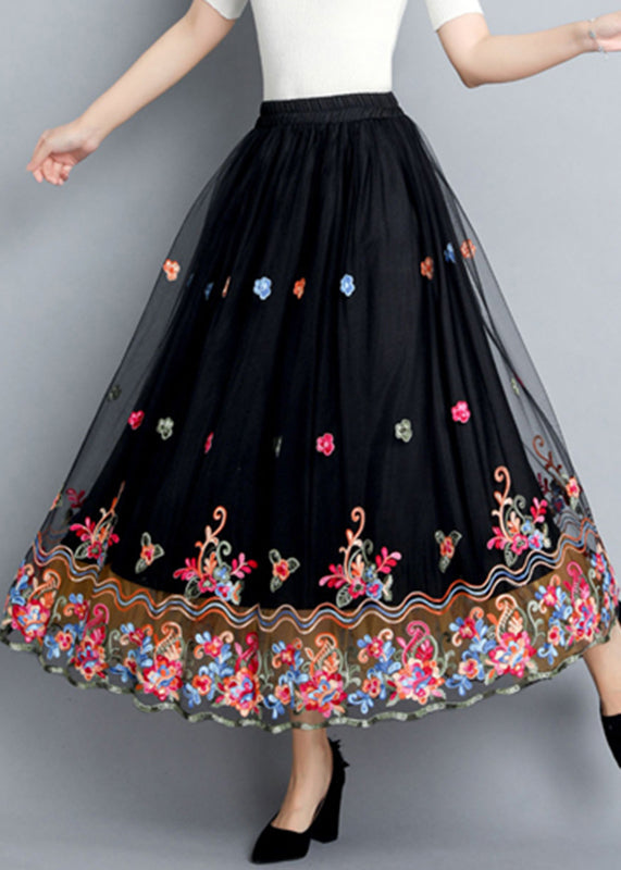 Black Embroideried Tulle Maxi Skirts Summer