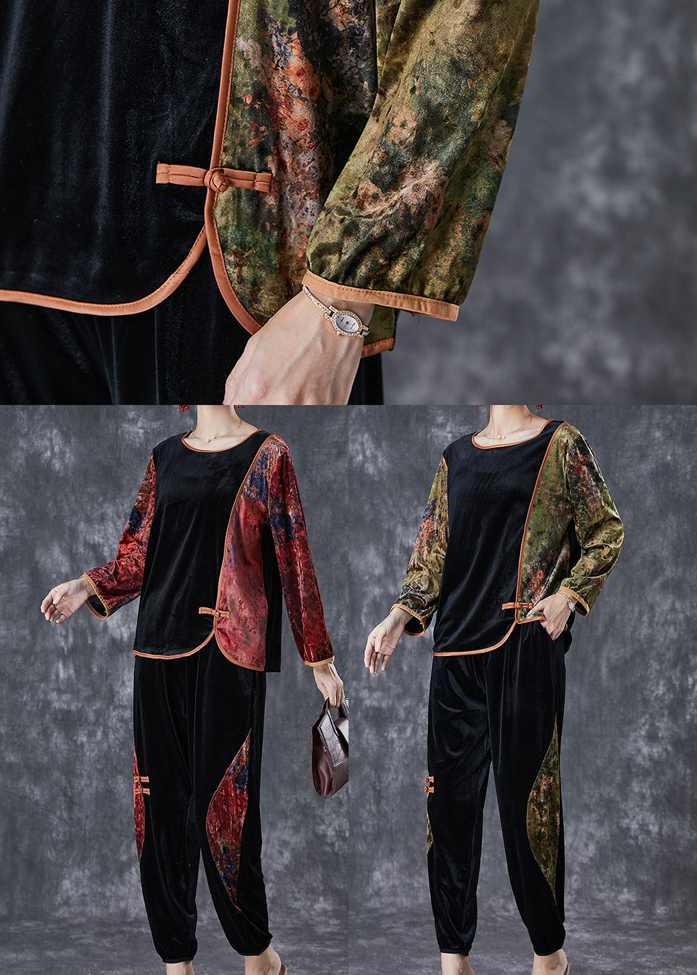 Green Patchwork Silk Velour Two Pieces Chinese Button Set Fall