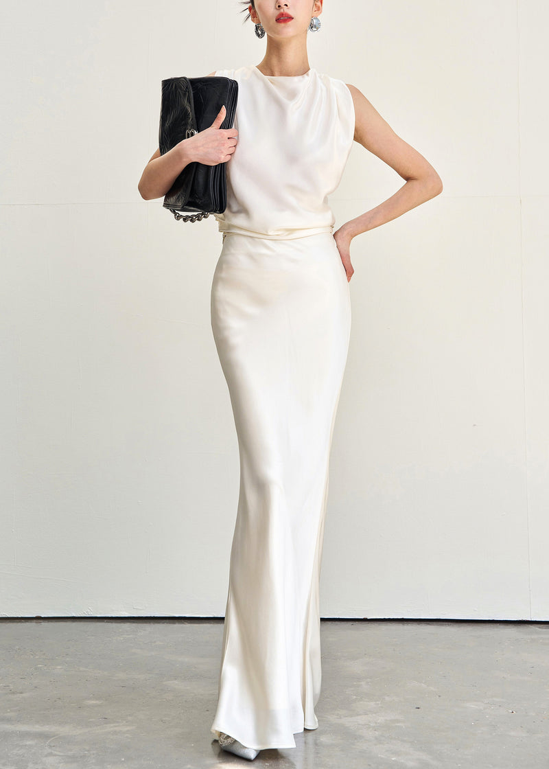 Slim Fit Beige Backless Lace Up Tops and Skirts Silk Two Piece Set Sleeveless