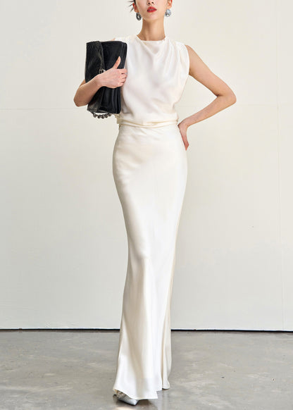Slim Fit Beige Backless Lace Up Tops and Skirts Silk Two Piece Set Sleeveless