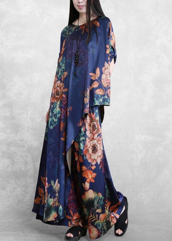 Original Literature and Art Blue Printing Large Mulberry Silk Suit Irregular Medium Long Silk Two Piece Set