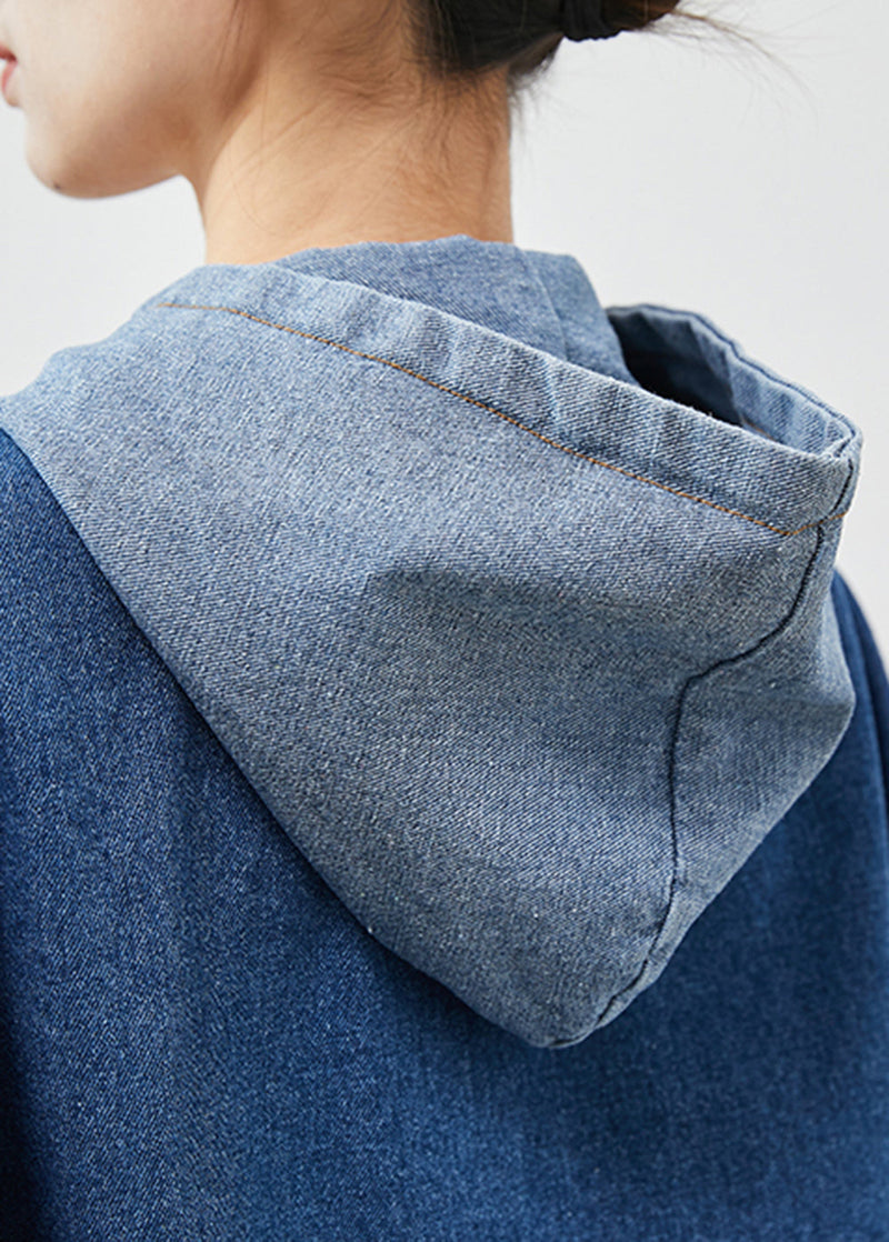 Blue Hooded Patchwork Denim Jackets Spring