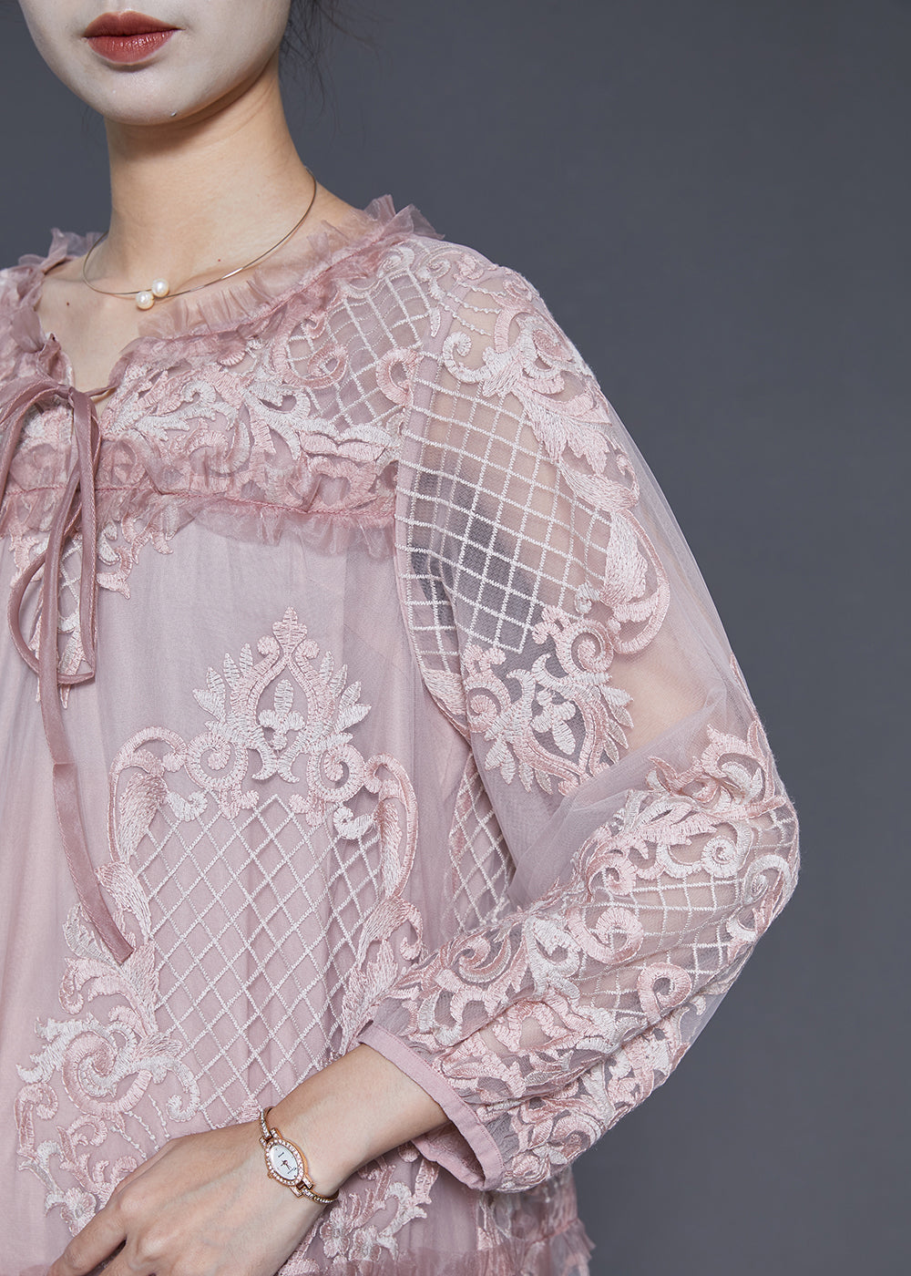 Pink Print Patchwork Tulle Long Dresses Spring