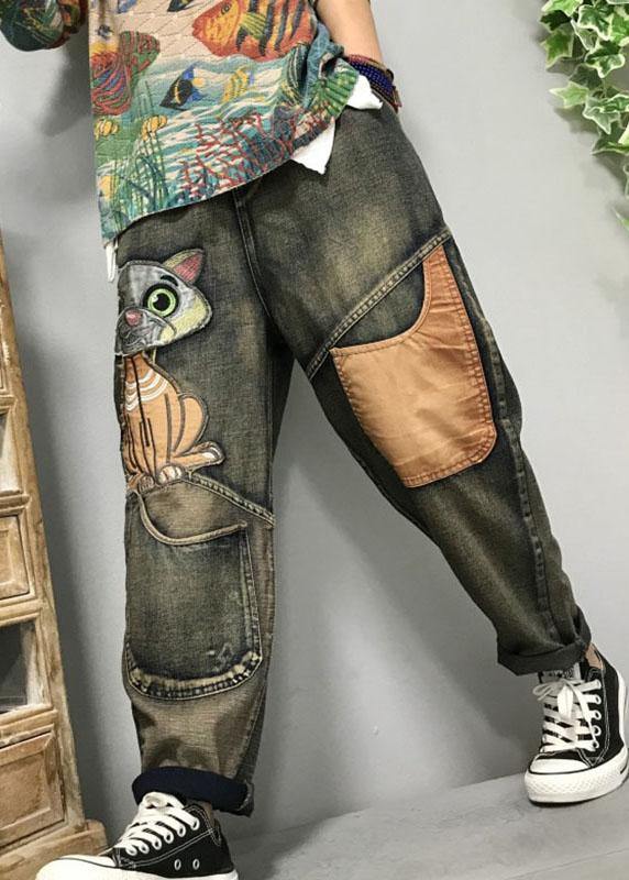 Cat Embroidery Patchwork Mid Waist Loose Denim Harem Jeans