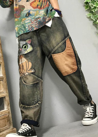 Cat Embroidery Patchwork Mid Waist Loose Denim Harem Jeans