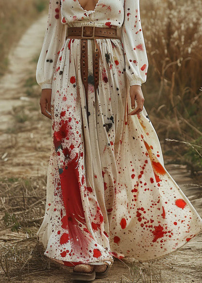 Beige V Neck Print Cotton Long Dress Spring