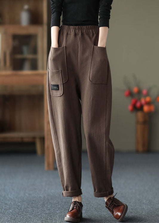 Chocolate Colour Pockets Elastic Waist Cotton Pants Fall