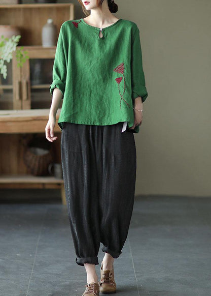 Green Loose Embroideried Fall Cotton Blend Shirt Tops Long Sleeve