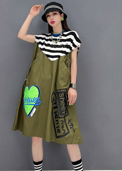 Green O-neck Striped Patchwork Print Pockets Dresses Short Sleeve