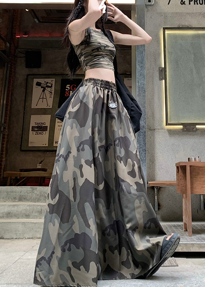 French Green Camouflage Print Silm Fit Cotton Two Pieces Set Spring