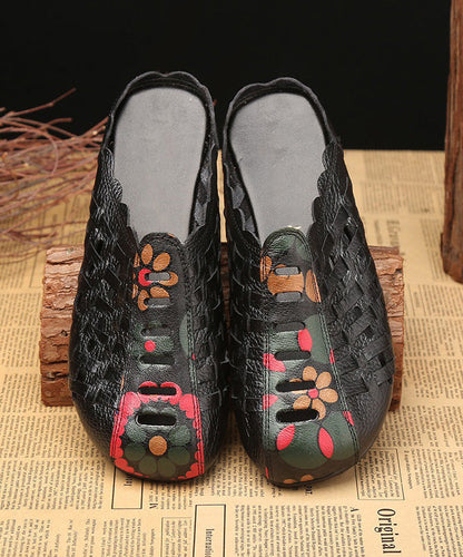 Black Hollow Out Splicing Low Heel Cowhide Leather Slide Sandals