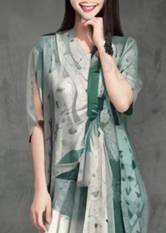 Green V Neck Flattering Asymmetrical Silk Long Dresses Summer