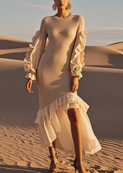 French Ruffled Patchwork Asymmetrical Design Knit Sweater Dress Spring