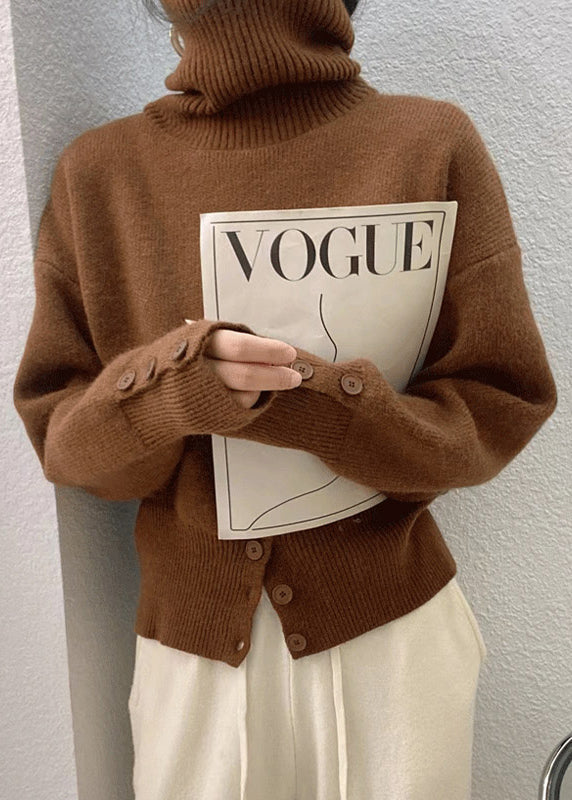 Italian Coffee Hign Neck Button Open Patchwork Knit Sweater Fall