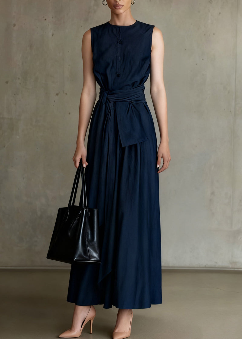 Slim Fit Navy Tie Waist Tops and Skirts Denim Two Piece Set Sleeveless