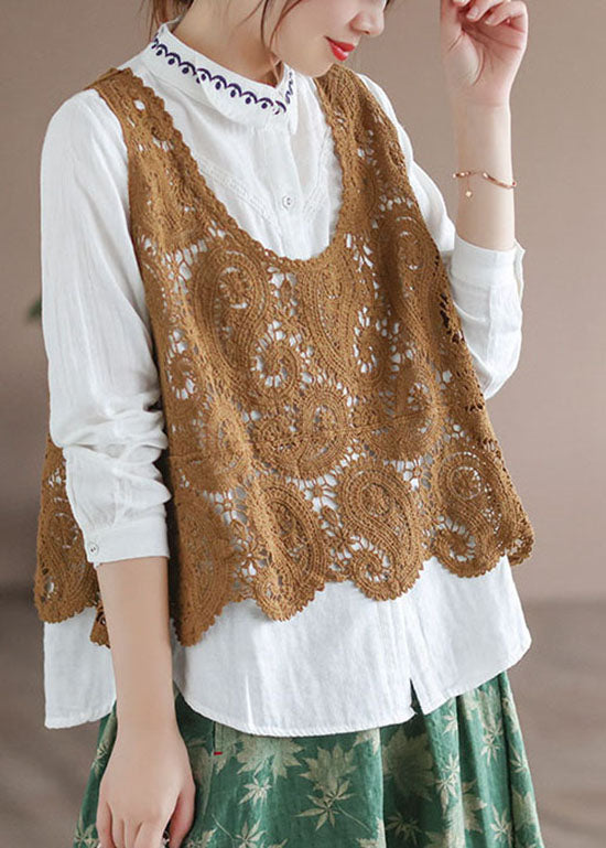 Yellow U Neck Hollow Out Knit Tanks Sleeveless