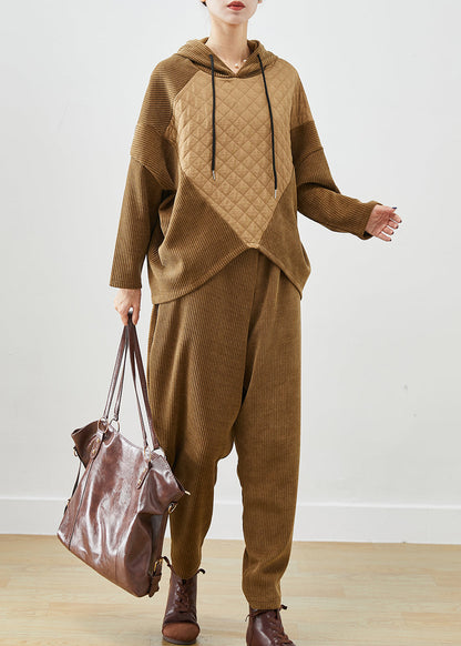 Khaki Hooded Patchwork Corduroy Two Pieces Set Batwing Sleeve