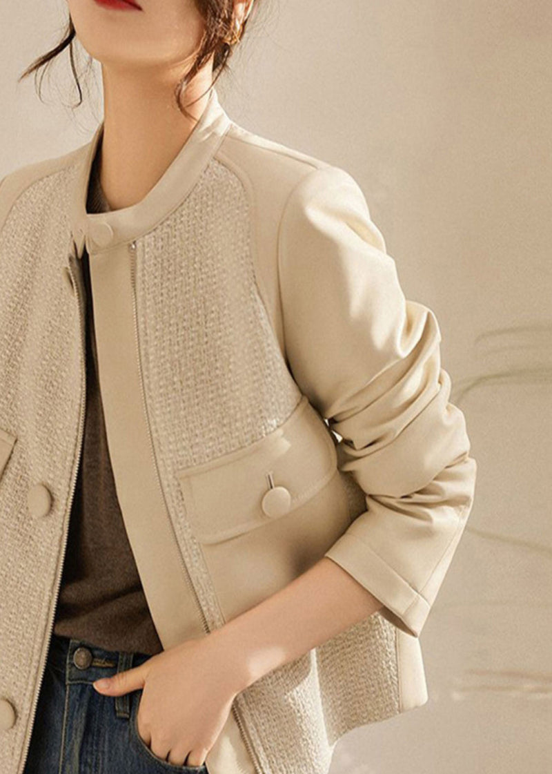 White O-neck Woolen Patchwork Pockets Sheepskin Coats Long Sleeve