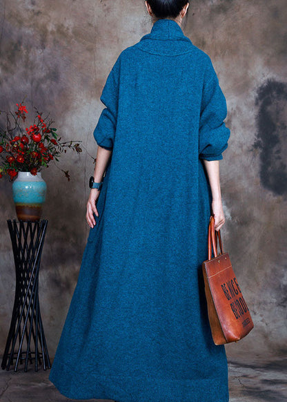 Blue V Neck Pockets Fall Knit Cardigan