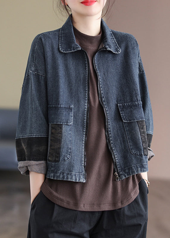Blue Peter Pan Collar Patchwork Pockets Denim Coats Long Sleeve