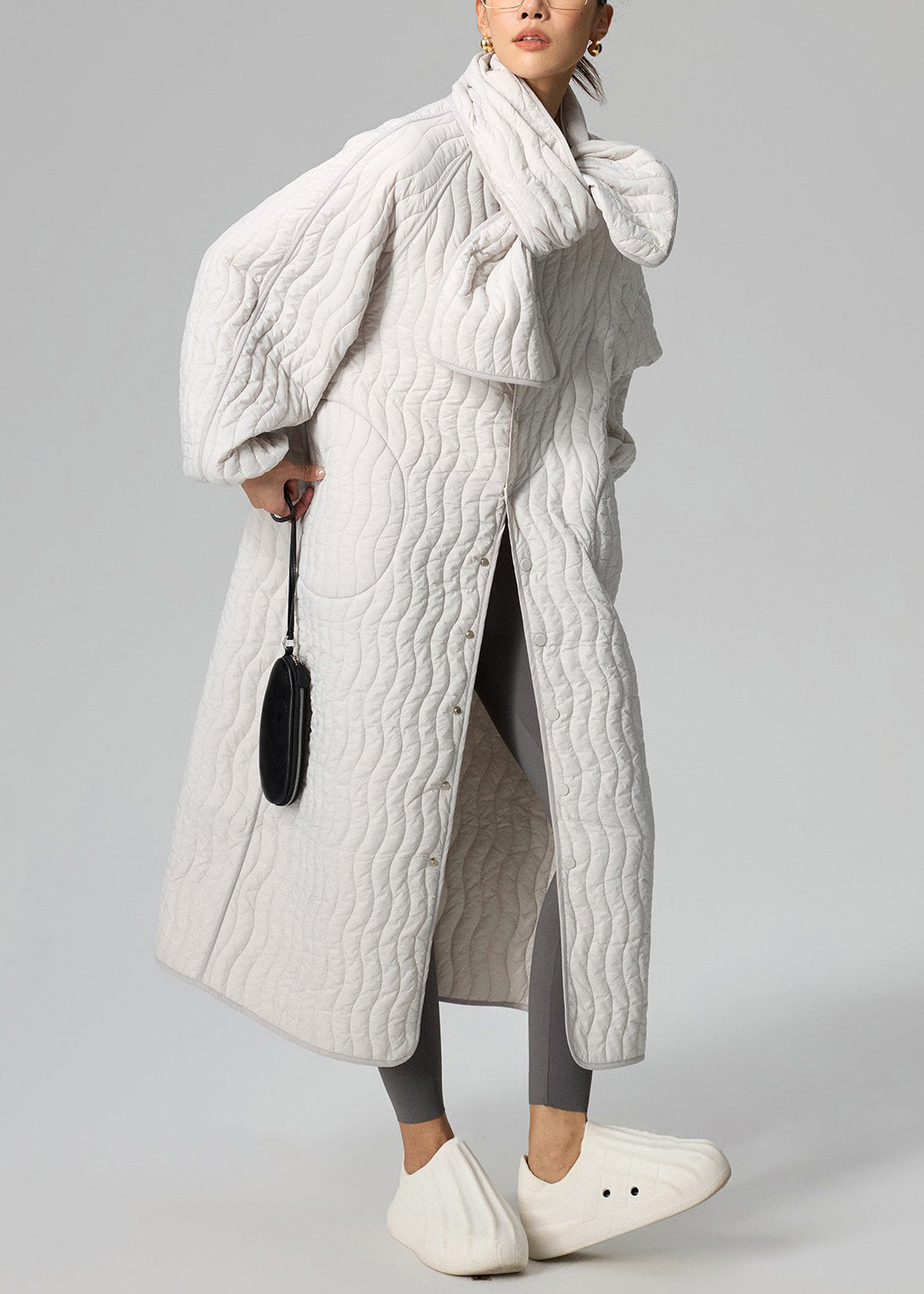 Loose Light Grey Button Scarf and Long Parka Cotton Filled Two Pieces Set Winter