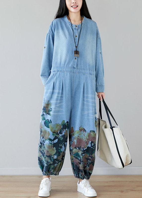 Light Blue Pockets O-neck Print Denim Jumpsuit Spring