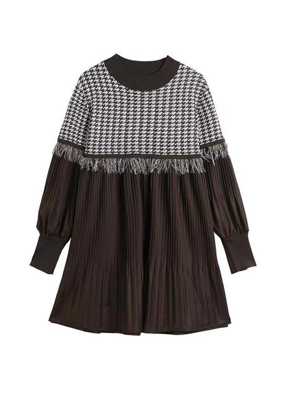 Coffee O-neck Tasseled Wrinkled Patchwork Cotton Mid Dress Lantern Sleeve