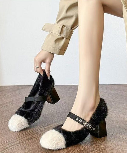 Buckle Strap Splicing Chunky High Heels Beige Fuzzy Fur